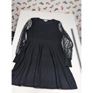 Birch NY Womens Black Knit Fit and Flare Dress Sheer Polka Dot Mesh Sleeve M